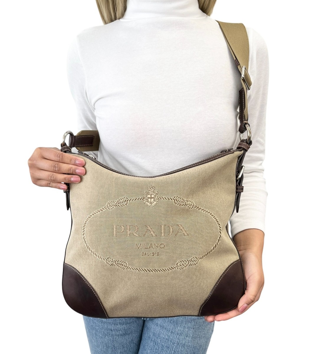 【PRADA】LOGO CROSSBODY BAG PRADA Vintage Logo Crossbody Shoulder Bag Zip Beige Brown