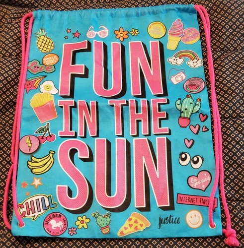 Super Rare Large Justice Tote Towel Bag Fun In The Sun Backpack 19.5" x 14.5 Sac - Picture 12 of 12