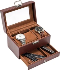 Watch Box for Men, 3 Slot Watch Display Case with Drawer, Mens Watch Case