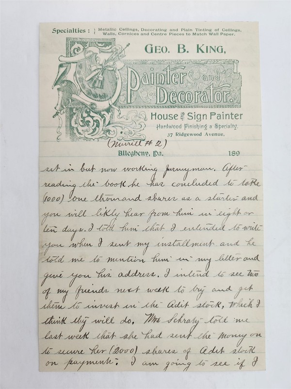 1890s antique GEO B KING allegheny pa PAINTER DECORATOR LETTERHEAD mining stock