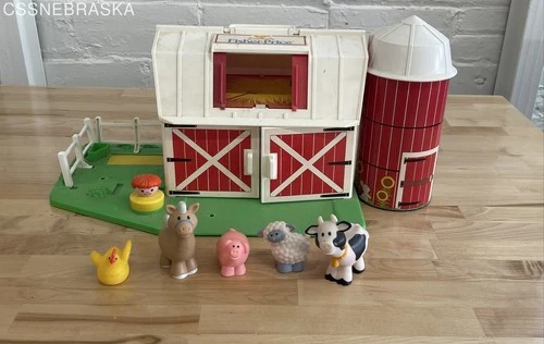 Fisher Price Vintage Little People Barn Playset: 1990 Farm Animals & Silo #2555
