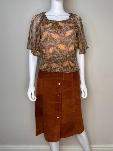 Vtg 1970s Chestnut Brown Patchwork Leather Midi Skirt Hide Away Mexico 70s Snap - Picture 7 of 7