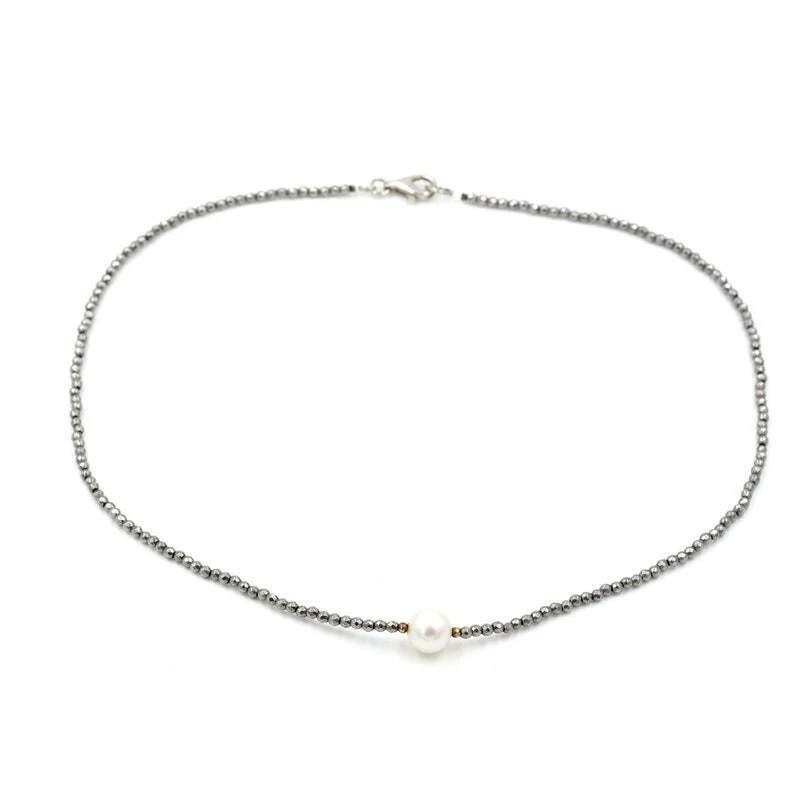 Collares gargantilla cuentas redondas facetadas de hematita y peral de plata de 2-3 mm 18"" Foto 3 de 4