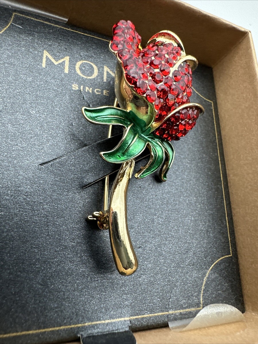 Vintage Monet Gold Tone Red Rose With Stem & Leafs Brooch