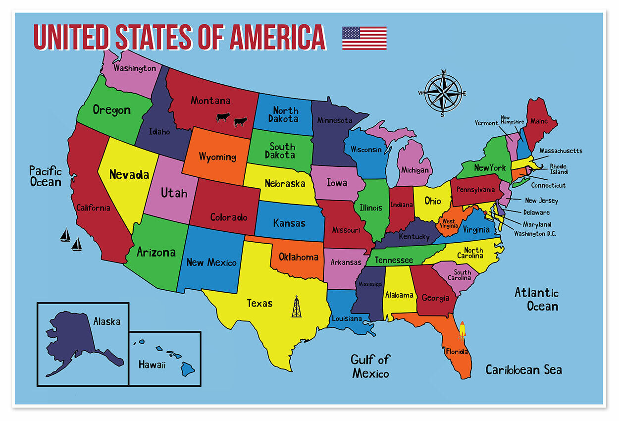 USA Color Educational Classroom Map United States Tear Proof