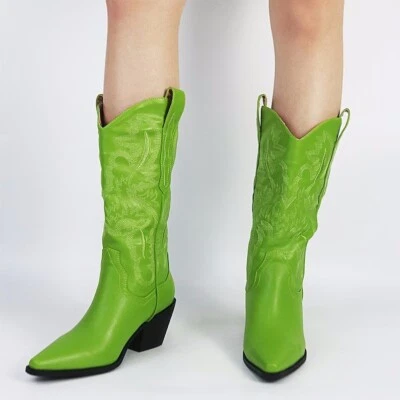 Womens Low Block Heel Embroidery Cowboy Boots High Boots Solid Real leather