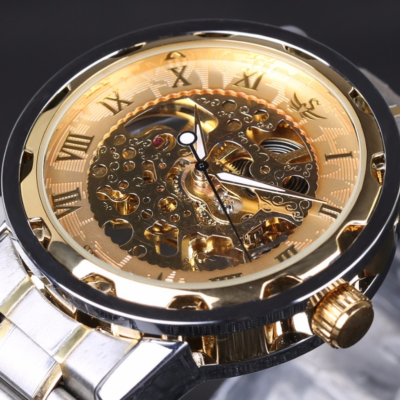 Montre Squelette Automatique Homme - Boîtier Argenté, Bracelet Doré Cuir - Neuf Sans étiquette