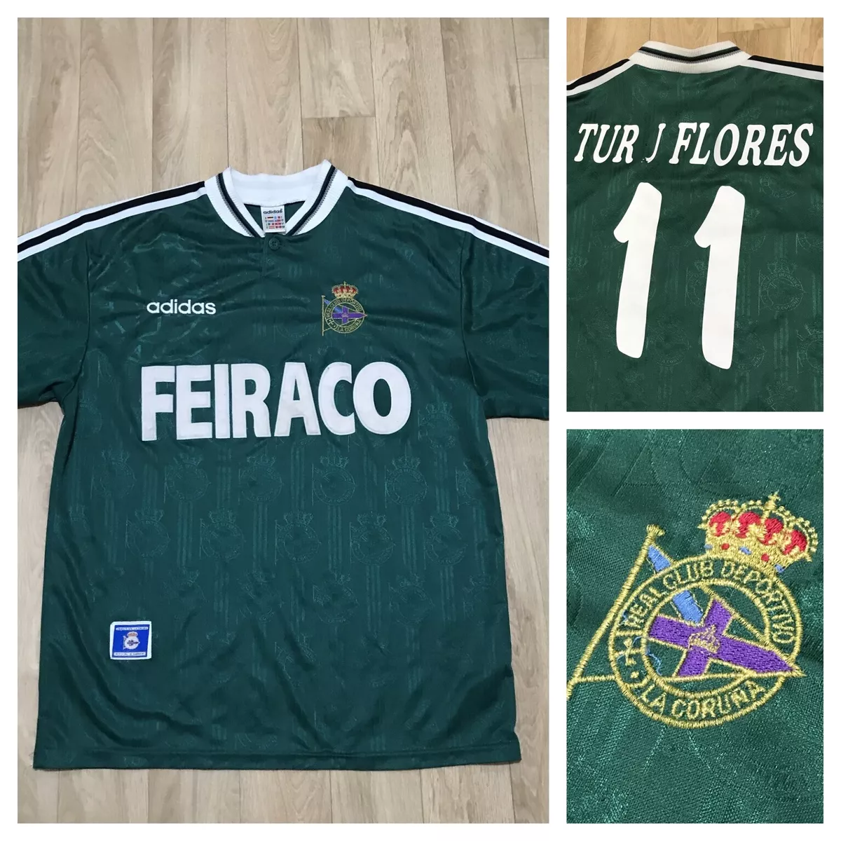 DEPORTIVO LA CORUNA 1996 1998 FOOTBALL SHIRT #11 TURU FLORES CAMISETA  ADIDAS L