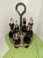 Antique Victorian 6Pc Ruby Red Cut Glass Cruet Castor Jar Carousel Set w/Holder