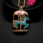 Fashion Lady Women Cute Blue Carousel Crystal Enamel Sweater Chain Necklace