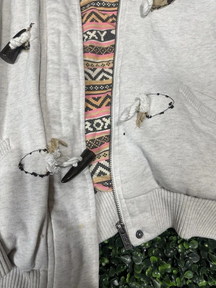 Roxy 女式拉链连帽衫 XL 码奶油色人造毛皮帽阿兹特克内饰 — 第 3/4 张图片