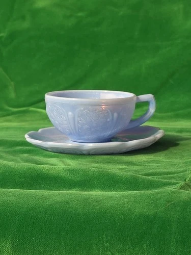 Jeanette Cherry Blossom Childs Delft Blue Milk Glass Cup And Saucer