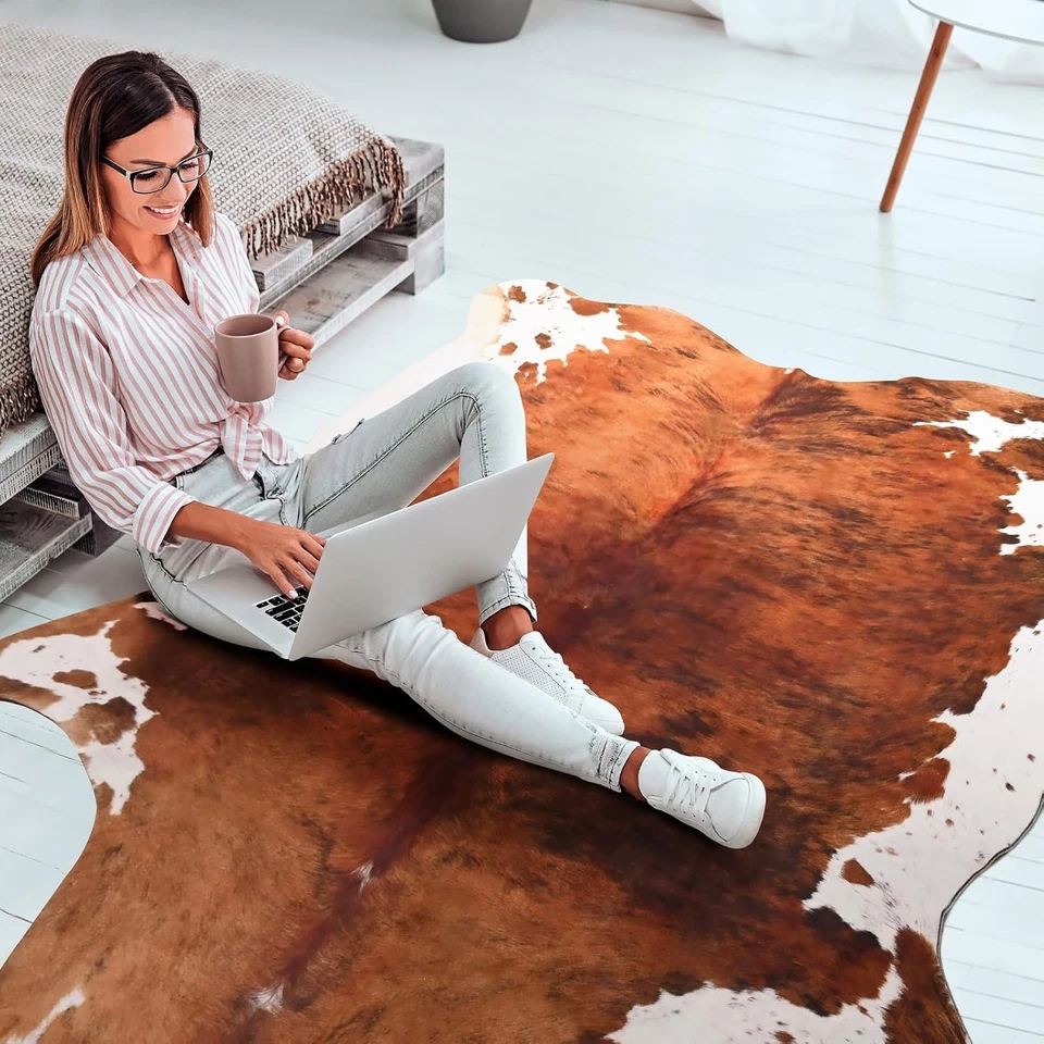 Alfombra pequeña de cuero de vaca Terrug - Western 3'6 x 2'3 (octagonal), marrón Foto 4 de 4