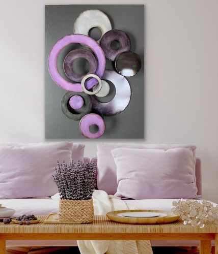 Large Abstract Metal Wall Art Purple Discs 80x60cm Mounted on Charcoal Ply Board - Picture 3 of 8