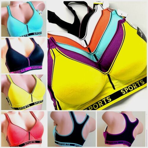 Lotto 3-6 reggiseni sportivi abbigliamento attivo yoga racer coppa modellata schiena 8923 confezione regalo 32B-42D - Foto 1 di 14