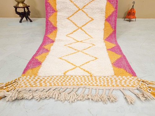 Moroccan Handmade Beni Ourain Rug 3x8 Berber Geometric Pink Yellow Wool Runner - Picture 3 of 12
