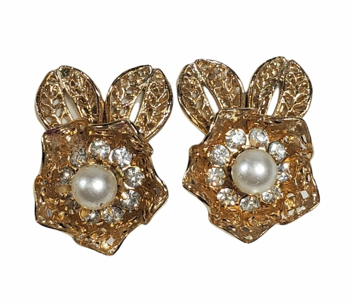 Vintage CORO Earrings Faux Pearl Rhinestone Gold Tone Filigree