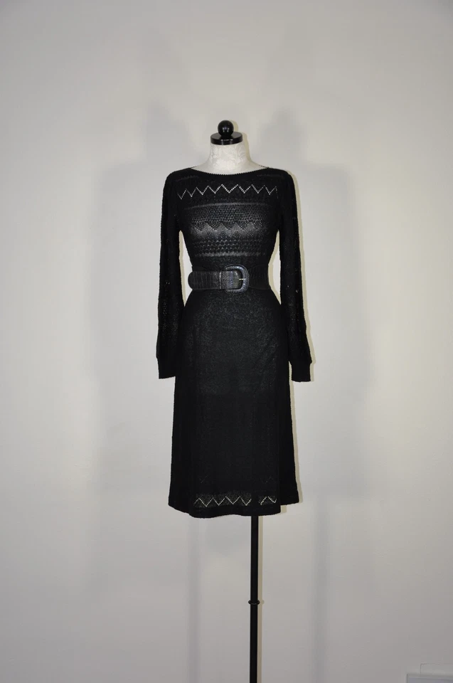 Vestido midi tejido manga abullonada de ganchillo transparente negro vintage años 70 para mujer M Foto 2 de 4