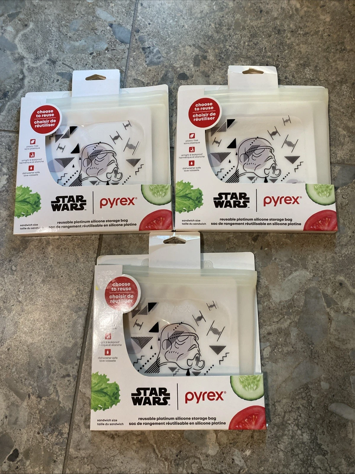 3-PC STAR WARS Pyrex Silicone Storage Set, Sandwich Reusable Bags Storm Trooper