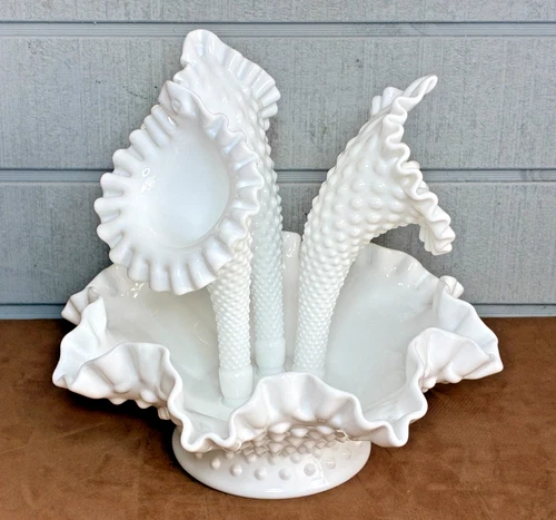 Vintage FENTON Hobnail Milk Glass Ruffled Epergne Three Horn Trumpet Vase 10"