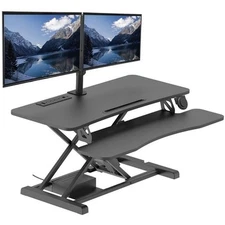 Pemberly Row Electric Standing Desk Converter w/ Dual Monitor Mount Arm Black