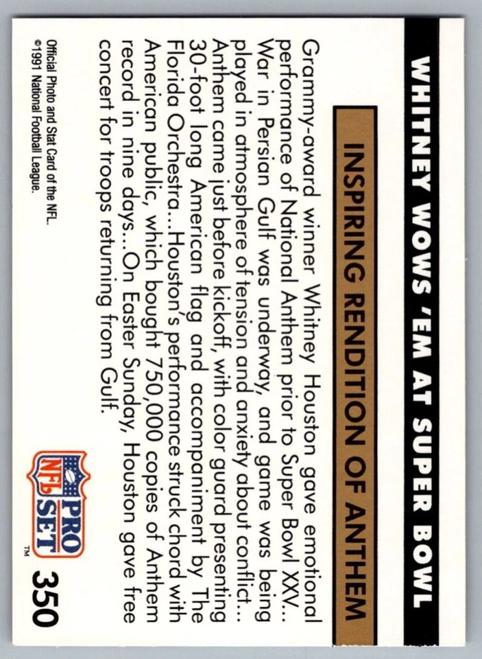 1991 Pro Set Whitney Houston Super bowl #350 - Image 2 of 2