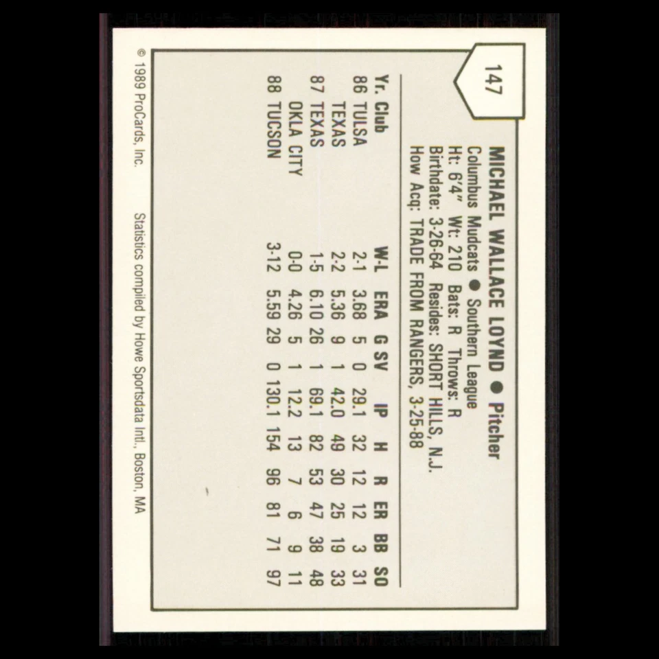 Mike Loynd #147 1989 ProCards Minor League Team Sets Columbus Mudcats Baseball - Image 2 of 3