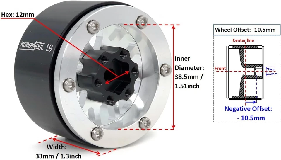 Ruedas Beadlock 4 piezas 1,9 - llantas de desplazamiento negativo de 10,5 mm de ancho 33 mm para TRX4 SCX10 Foto 2 de 4