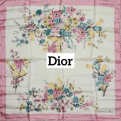 Authentique foulard Christian Dior motif fleurs 100% soie 66 x 66 cm fabriqué en Italie