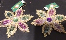 Kurt Adler Christmas Purple  Green  Gold Glitter Snowflake Ornaments 2 New