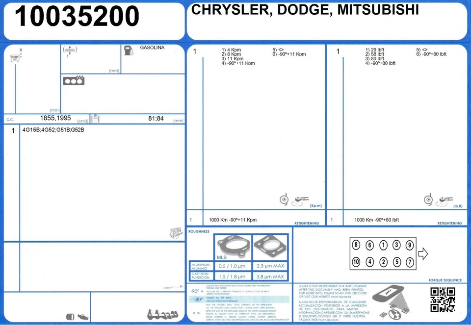 Juego completo de juntas de reconstrucción de motor MITSUBISHI SAPPORO 2.0 105 4G52 (1977-/1978) - Imagen 2 de 2