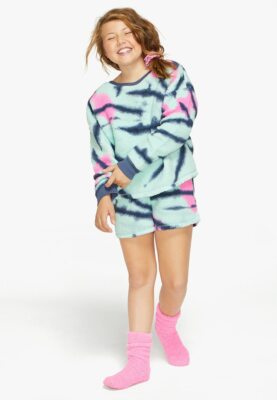 NWT Justice Girl's Tie Dye Blue Sherpa pajamas set PJ Shorts Shirt Sz  S M