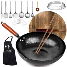 kaqinu Carbon Steel Wok Pan, 14 Piece Woks & Stir-Fry Pans Set with Black  
