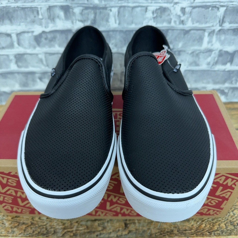 Vans Asher Black White Perforated Leather Slip On Skate Shoes Womens