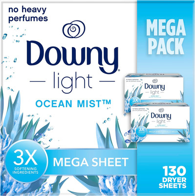 Downy Light Mega Dryer Sheets, Fabric Softener Dryer Sheets, Ocean Mist, 130 Cou