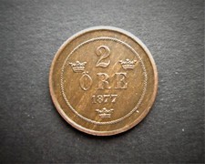 SWEDEN BRONZE 2 ORE 1877  / SNIFF'S  ANCIENT COINS T-4