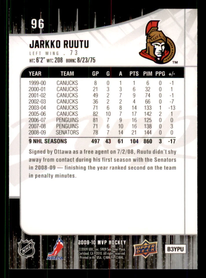 2009-10 Upper Deck MVP #96 Jarkko Ruutu Ottawa Senators - Image 2 of 2