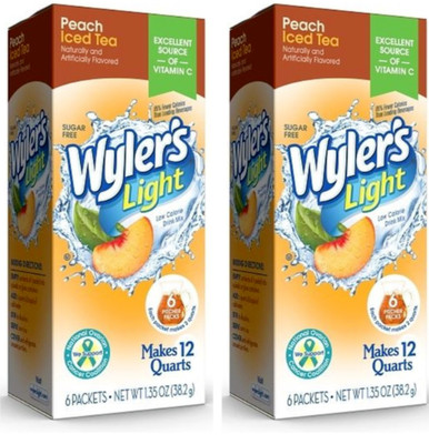 2 Pack Wylers Light Sugar Free Peach Iced Tea Drink Mix, Makes 12 Quarts Each