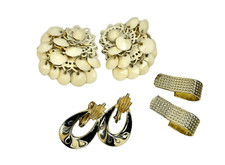 Set of 3 clip on earrings - creme colored beaded statement earrings, gold earrin