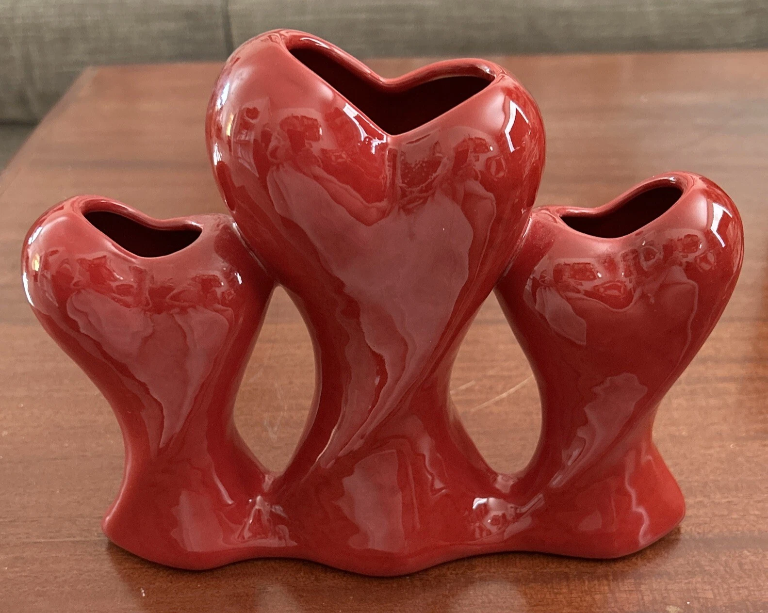 Art Nouveau Style Vase Planter Propagating Vessel Triple HEARTS Red Ceramic 8x7”