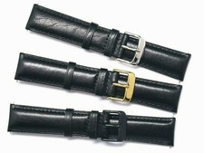 20mm Black Genuine Smooth Leather Watch Strap Silver, Gold, Black Tone Buckle
