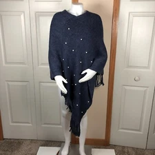Poncho Womens Sweater Pearls Navy Blue One Size