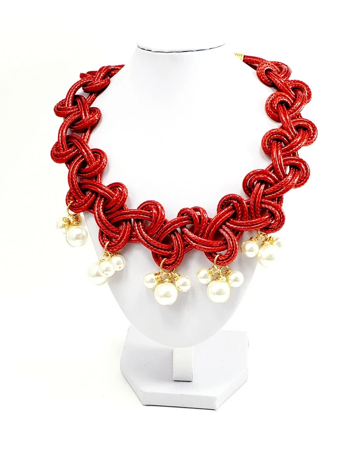 Collar Joyería Cuero Cordón Rojo Gargantilla Mujer Perla Nueva Moda Boho Declaración  Foto 4 de 4