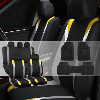 Premium Modernistic Yellow Black Auto Car Seat Covers w/Black Vinyl Floor Mats