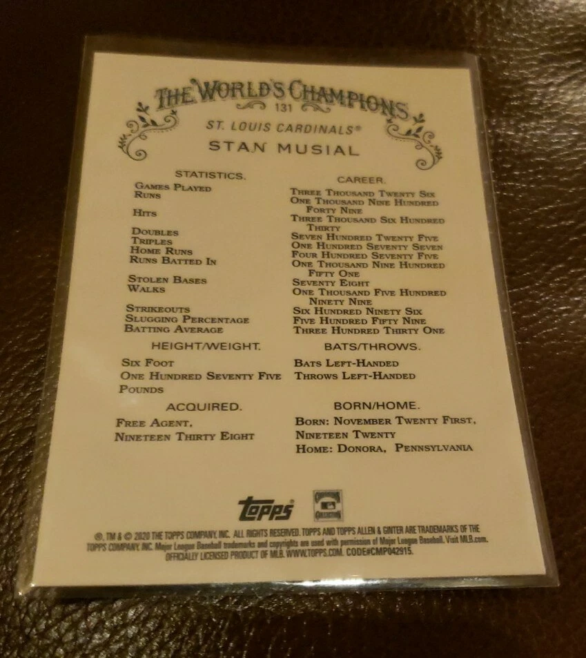 2020 Topps Chrome Allen Ginter #131 Stan Musial Base Card St Louis Cardinals  - Image 2 of 2