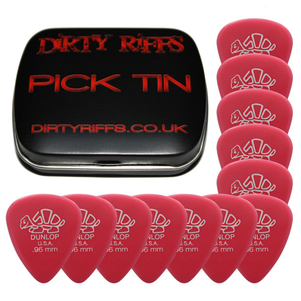 12 x Dunlop Delrin Guitar Picks / Plectrums - 0.96mm Dark Pink In A Pick Tin