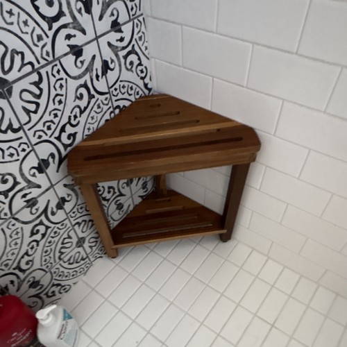 Portable Brown Wood Triangle Corner Shower Bath Stool Seat for Bathroom