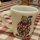 Rare Vintage Hazel Atlas ? Milk Glass Circus Clown Big Top Coffee Mug MCM