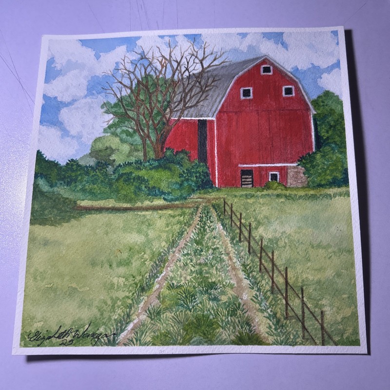 8x8 in Farm Barn Farm Landscape Tree Art Card Artist Elizabeth Winegar Free Ship