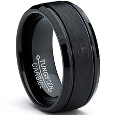 Tungsten Carbide Men's Black Brushed Textured Center Ring Band, 8 mm